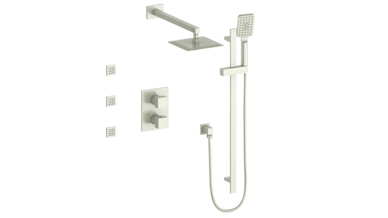 Vogt Kapfenberg 3-Function Thermostatic Shower System with 10" Rain Head, Hand Shower & Body Jets – Wall-Mount – Brushed Nickel – SET.KG.320.810.BN