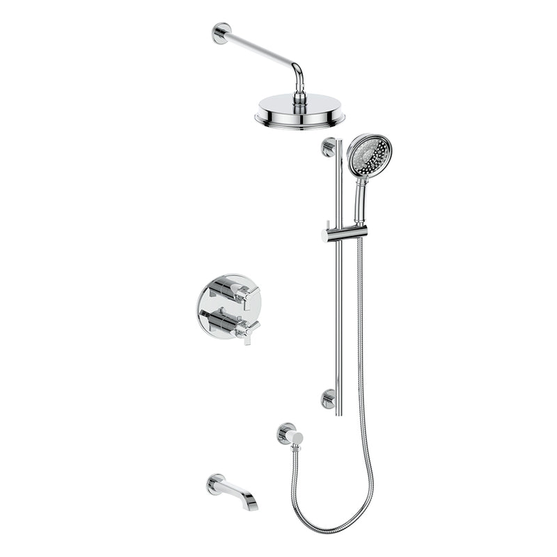 Vogt Zehn 3-Function Thermostatic Tub & Shower System with 8" Rain Head, Hand Shower & Tub Spout – Wall-Mount – Chrome – SET.Z3.320.310.CC