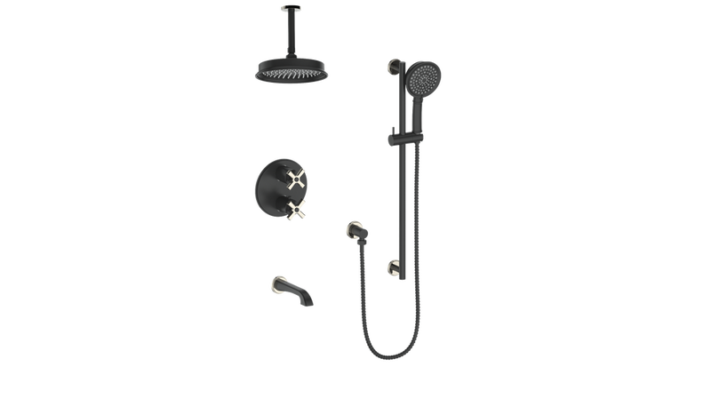 Vogt Zehn 3-Function Thermostatic Tub & Shower System with 8" Rain Head, Hand Shower & Tub Spout – Ceiling-Mount – Matte Black / Polished Nickel – SET.Z4.320.316.PB