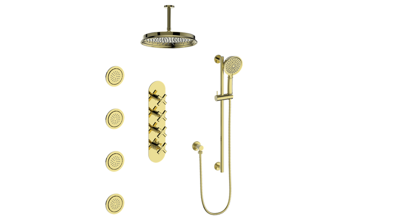 Vogt Zehn 3/4" High-Flow Thermostatic Shower System with 12" Rain Head, Hand Shower & Body Jets – Ceiling-Mount – Brushed Gold – SET.Z4.350.936.BG