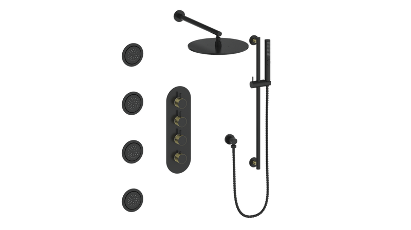 Vogt Drava 3-Function Thermostatic Shower System with 12" Rain Head, Hand Shower & Body Jets – Wall-Mount – 3/4" Valve – Matte Black / Brushed Gold – SET.DA.350.930.BGB