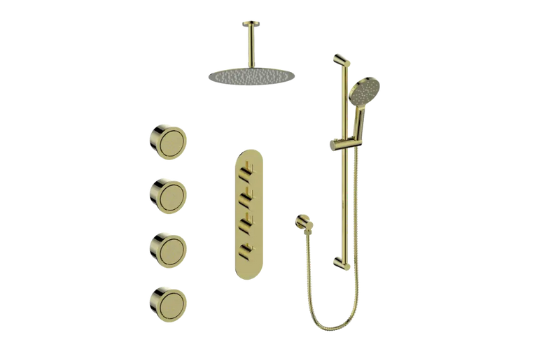 Vogt Worgl 3/4" High-Flow Thermostatic Shower System with 12" Rain Head, Hand Shower & Body Jets – Ceiling-Mount – Brushed Gold – SET.WL.350.936.BG