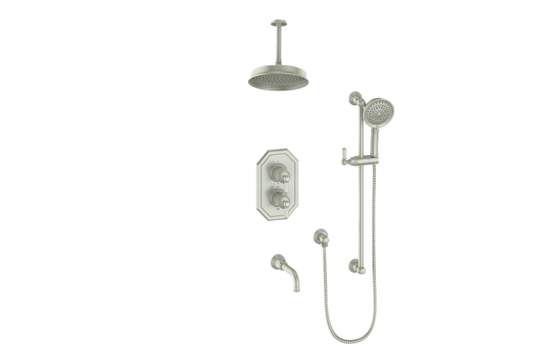 Vogt Carinthia 3-Function Thermostatic Tub & Shower System with 8" Rain Head, Hand Shower & Tub Spout – Ceiling-Mount – Brushed Nickel – SET.C21.320.316.BN