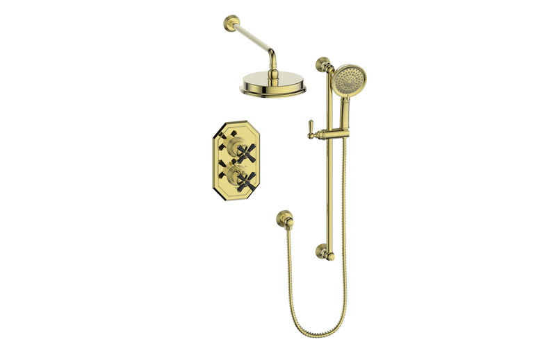 Vogt Carinthia 2-Function Thermostatic Shower System with 8" Rain Head & Hand Shower – Wall-Mount – Cross Handle – Brushed Gold / Matte Black – SET.C3.220.210.BGB
