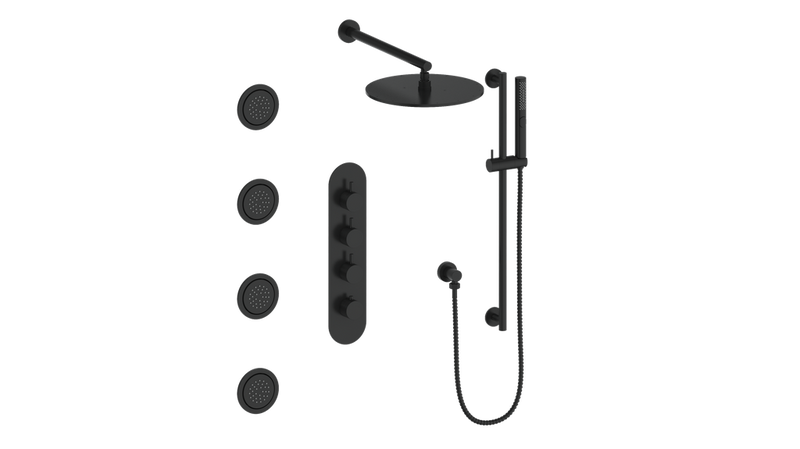 Vogt Drava 3-Function Thermostatic Shower System with 12" Rain Head, Hand Shower & Body Jets – Wall-Mount – 3/4" Valve – Matte Black – SET.DA.350.930.MB