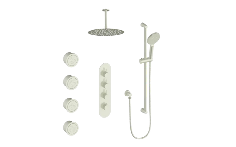 Vogt Worgl 3/4" High-Flow Thermostatic Shower System with 12" Rain Head, Hand Shower & Body Jets – Ceiling-Mount – Brushed Nickel – SET.WL.350.936.BN