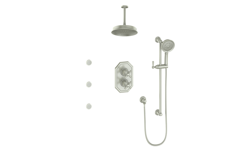 Vogt Carinthia 3-Function Thermostatic Shower System with 8" Rain Head, Hand Shower & Body Jets – Ceiling-Mount – Cross Handle – Brushed Nickel – SET.C3.320.816.BN