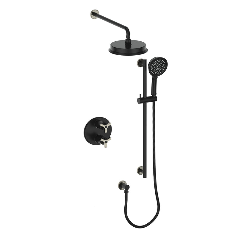 Vogt Zehn 2-Function Thermostatic Shower System with 8" Rain Head & Hand Shower – Wall-Mount – Matte Black / Polished Nickel – SET.Z3.220.210.PB