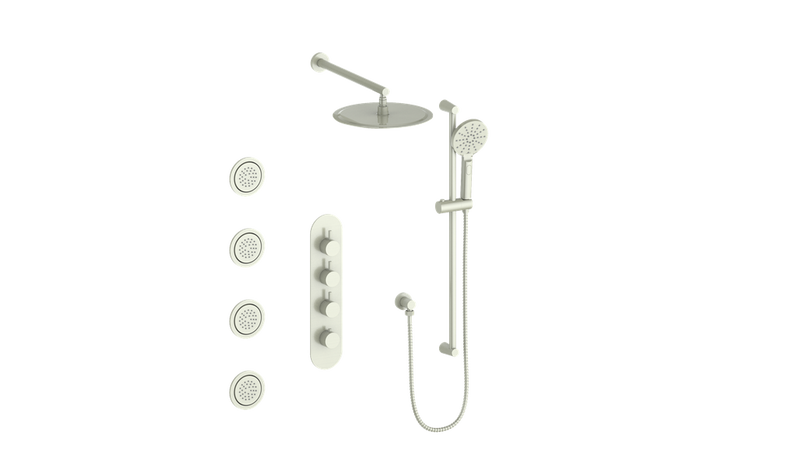 Vogt Worgl 3/4" High-Flow Thermostatic Shower System with 12" Rain Head, Hand Shower & Body Jets – Wall-Mount – Brushed Nickel – SET.WL.350.930.BN