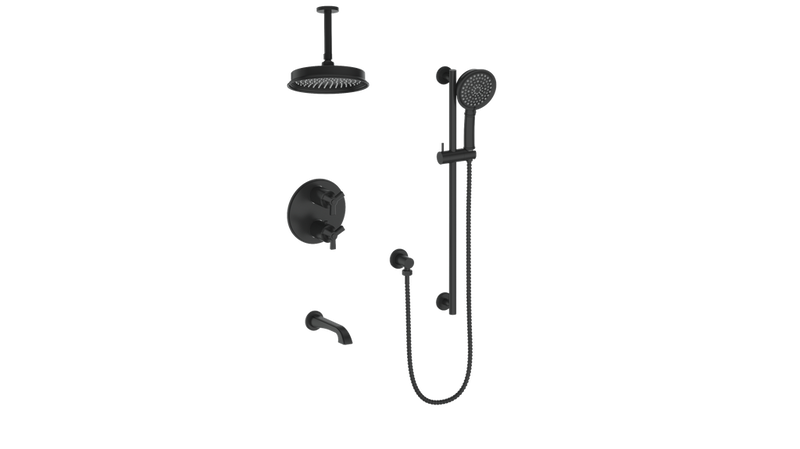 Vogt Zehn 3-Function Thermostatic Tub & Shower System with 8" Rain Head, Hand Shower & Tub Spout – Ceiling-Mount – Matte Black – SET.Z3.320.316.MB