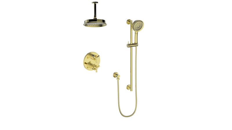 Vogt Zehn 2-Function Thermostatic Shower System with 8" Rain Head & Hand Shower – Ceiling-Mount – Brushed Gold – SET.Z3.220.216.BG