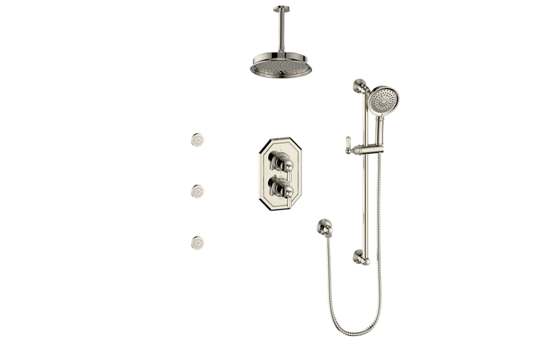 Vogt Carinthia 3-Function Thermostatic Shower System with 8" Rain Head, Hand Shower & Body Jets – Ceiling-Mount – Octagonal Handle – Polished Nickel – SET.C2.320.816.PN