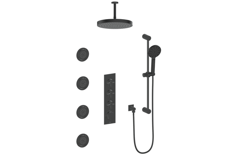 Vogt Mond 3/4" High-Flow Thermostatic Shower System with Body Jets and 6" Ceiling Arm Thermostatic Shower System with 12" Rain Head, Hand Shower & Body Jets – Ceiling-Mount – 3/4" Valve – Matte Black – SET.M3.350.936.MB