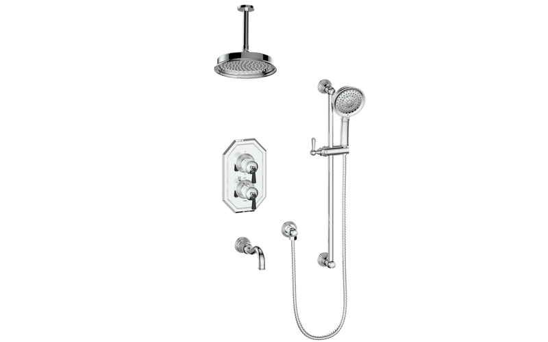 Vogt Carinthia 3-Function Thermostatic Tub & Shower System with 8" Rain Head, Hand Shower & Tub Spout – Ceiling-Mount – Chrome / Matte Black – SET.C12.320.316.CB