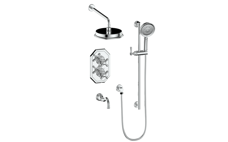 Vogt Carinthia 3-Function Thermostatic Tub & Shower System with 8" Rain Head, Hand Shower & Tub Spout – Wall-Mount – Chrome – SET.C32.320.310.CC