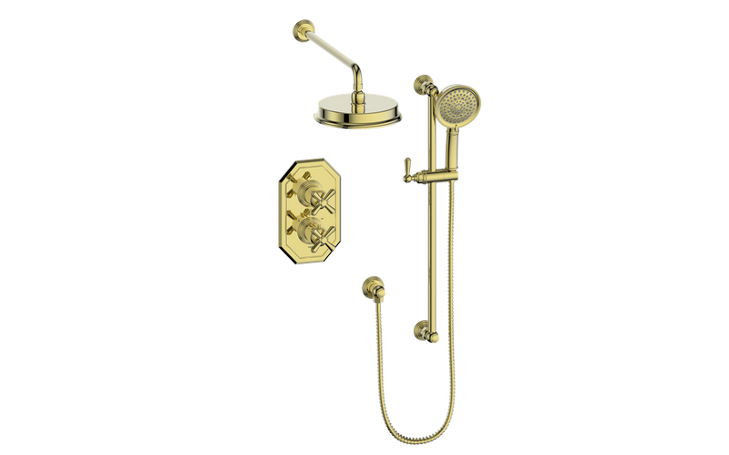 Vogt Carinthia 2-Function Thermostatic Shower System with 8" Rain Head & Hand Shower – Wall-Mount – Cross Handle – Brushed Gold – SET.C3.220.210.BG