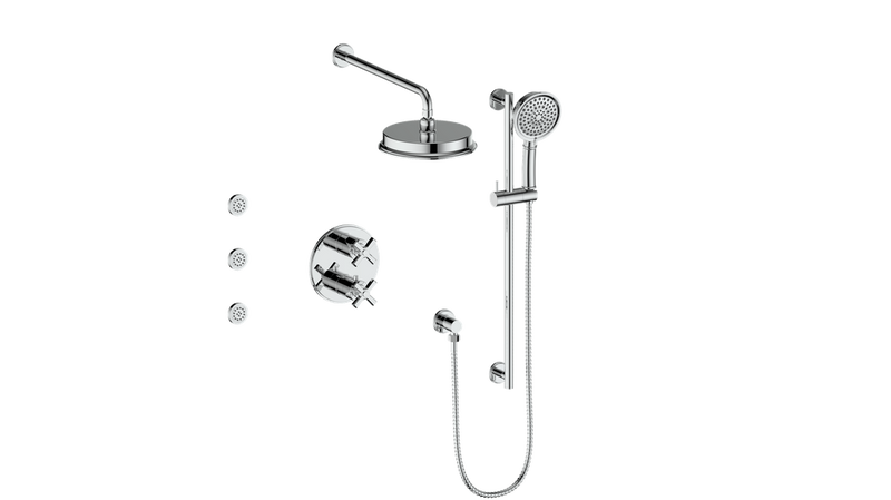 Vogt Zehn 3-Function Thermostatic Shower System with 8" Rain Head, Hand Shower & Body Jets – Wall-Mount – Chrome – SET.Z4.320.810.CC