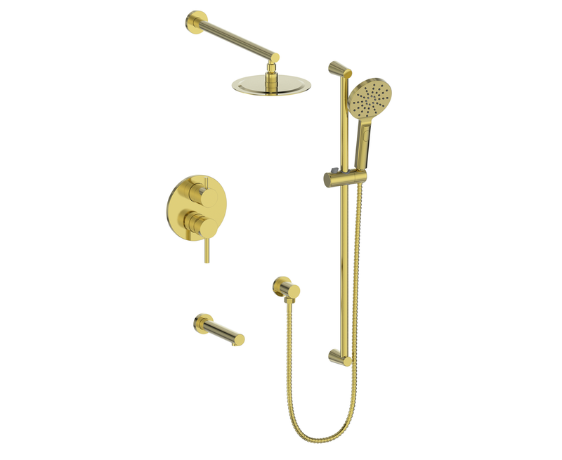 Vogt Worgl 3-Function Pressure-Balanced Tub & Shower System with 8" Rain Head, Hand Shower & Tub Spout – Wall-Mount – Brushed Gold – SET.WL.310.310.BG