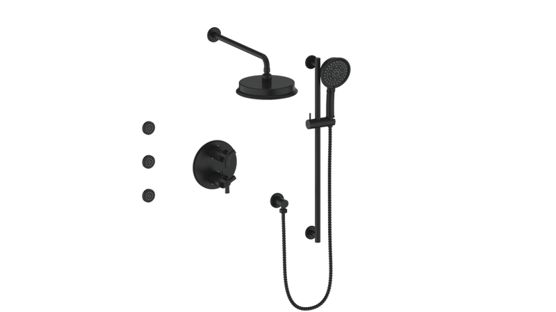 Vogt Zehn 3-Function Thermostatic Shower System with 8" Rain Head, Hand Shower & Body Jets – Wall-Mount – Matte Black – SET.Z3.320.810.MB