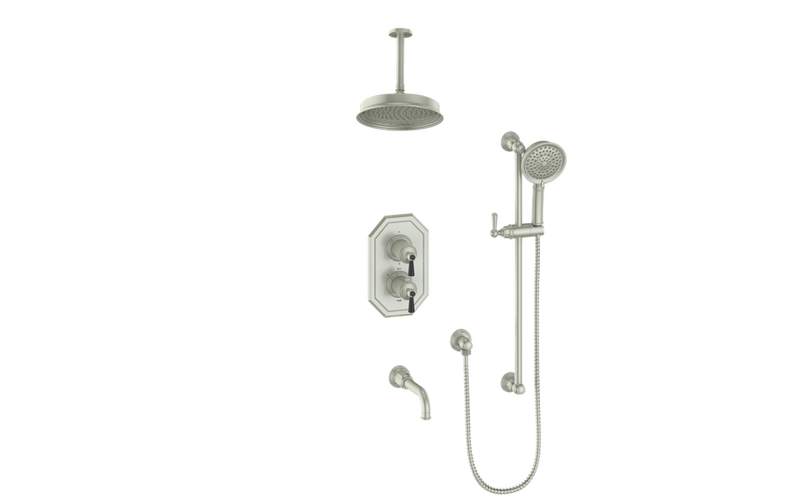 Vogt Carinthia 3-Function Thermostatic Tub & Shower System with 8" Rain Head, Hand Shower & Tub Spout – Ceiling-Mount – Brushed Nickel / Matte Black – SET.C11.320.316.BB