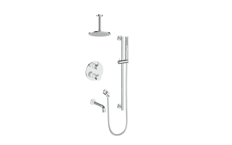 Vogt Drava 3-Function Thermostatic Tub & Shower System with 8" Rain Head, Hand Shower & Tub Spout – Ceiling-Mount – Chrome – SET.DA.320.316.CC