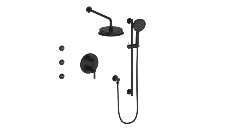 Vogt Zehn 3-Function Thermostatic Shower System with 8" Rain Head, Hand Shower & Body Jets – Wall-Mount – Matte Black – SET.Z1.320.810.MB