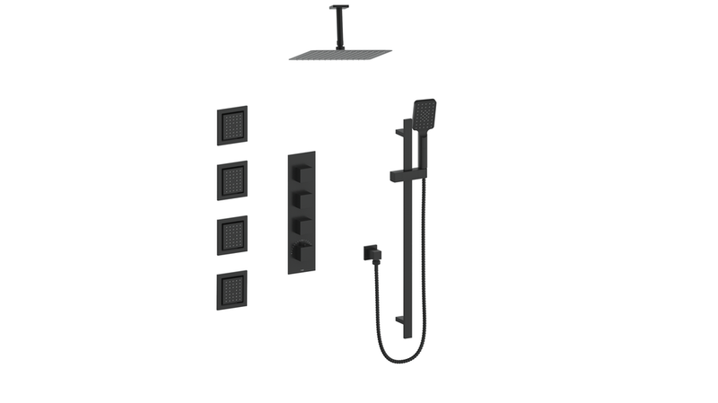 Vogt Kapfenberg 3/4" High-Flow Thermostatic Shower System with 12" Rain Head, Hand Shower & Body Jets – Ceiling-Mount – Matte Black – SET.KG.350.936.MB