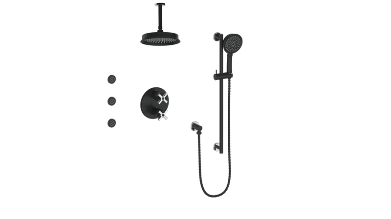 Vogt Zehn 3-Function Thermostatic Shower System with 8" Rain Head, Hand Shower & Body Jets – Ceiling-Mount – Matte Black / Chrome – SET.Z4.320.816.CB