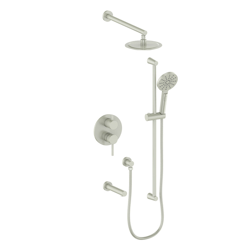 Vogt Worgl 3-Function Pressure-Balanced Tub & Shower System with 8" Rain Head, Hand Shower & Tub Spout – Wall-Mount – Brushed Nickel – SET.WL.310.310.BN