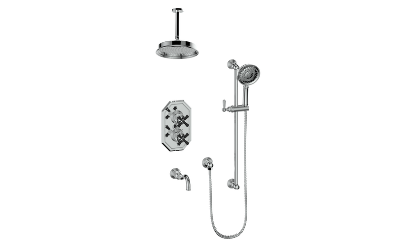 Vogt Carinthia 3-Function Thermostatic Tub & Shower System with 8" Rain Head, Hand Shower & Tub Spout – Ceiling-Mount – Chrome / Matte Black – SET.C32.320.316.CB