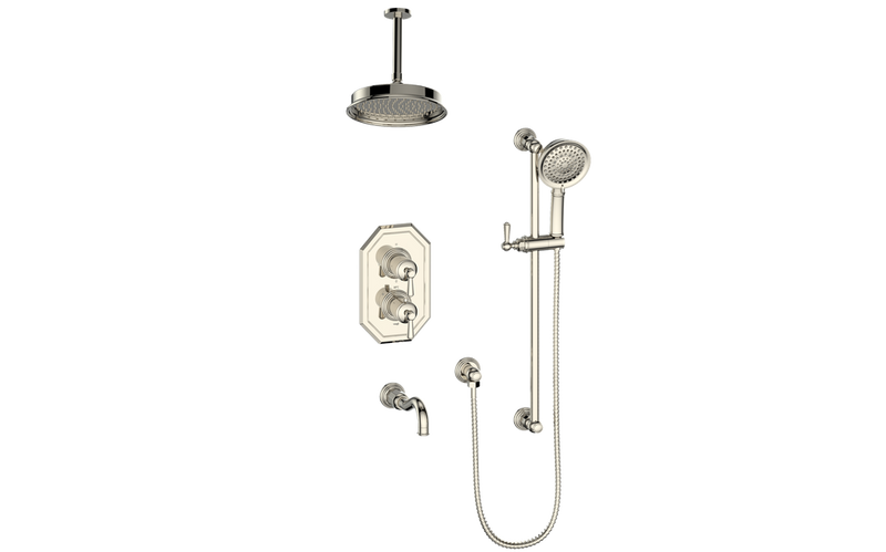 Vogt Carinthia 3-Function Thermostatic Tub & Shower System with 8" Rain Head, Hand Shower & Tub Spout – Ceiling-Mount – Polished Nickel – SET.C12.320.316.PN