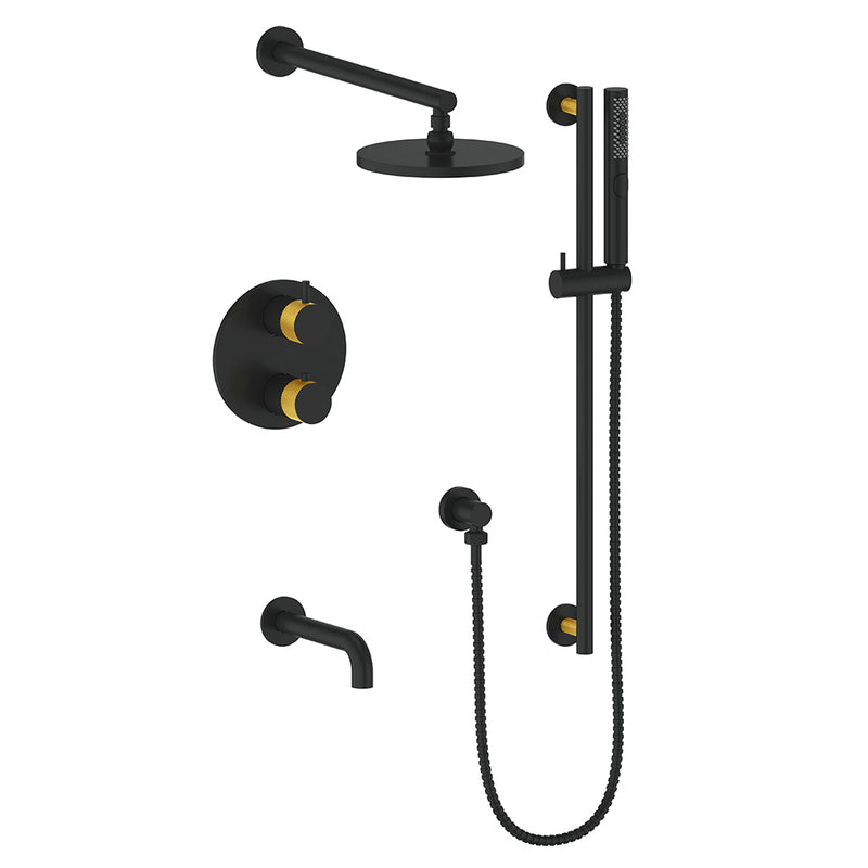 Vogt Drava 3-Function Thermostatic Tub & Shower System with 8" Rain Head, Hand Shower & Tub Spout – Wall-Mount – Matte Black / Brushed Gold – SET.DA.320.310.BGB