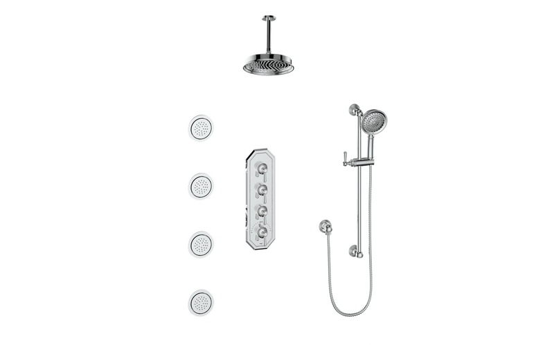 Vogt Carinthia 3/4" High-Flow Thermostatic Shower System with 12" Rain Head, Hand Shower & Body Jets – Ceiling-Mount – Cross Handle – Chrome – SET.C3.350.936.CC