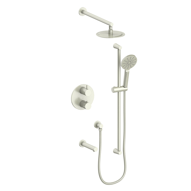 Vogt Worgl 3-Function Thermostatic Tub & Shower System with 8" Rain Head, Hand Shower & Tub Spout – Wall-Mount – Brushed Nickel – SET.WL.320.310.BN