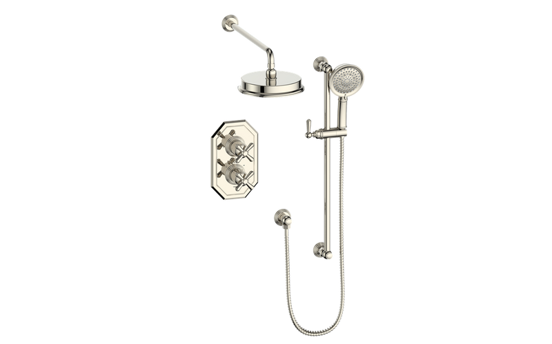 Vogt Carinthia 2-Function Thermostatic Shower System with 8" Rain Head & Hand Shower – Wall-Mount – Cross Handle – Polished Nickel – SET.C3.220.210.PN