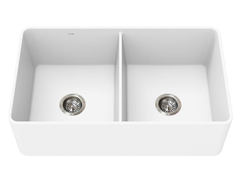 Vogt Kaltenbach GS Apron Front 33" Double-Bowl Vogranite Kitchen Sink – Frost White – KS.3319.K04G-61