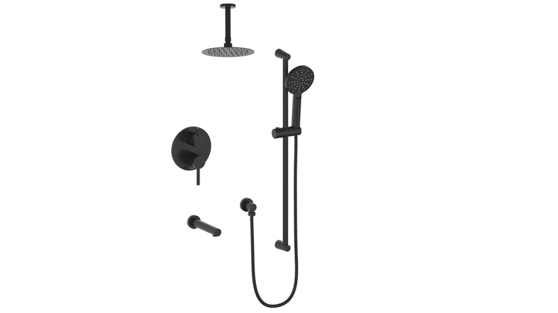 Vogt Worgl 3-Function Pressure-Balanced Tub & Shower System with 8" Rain Head, Hand Shower & Tub Spout – Ceiling-Mount – Matte Black – SET.WL.310.316.MB