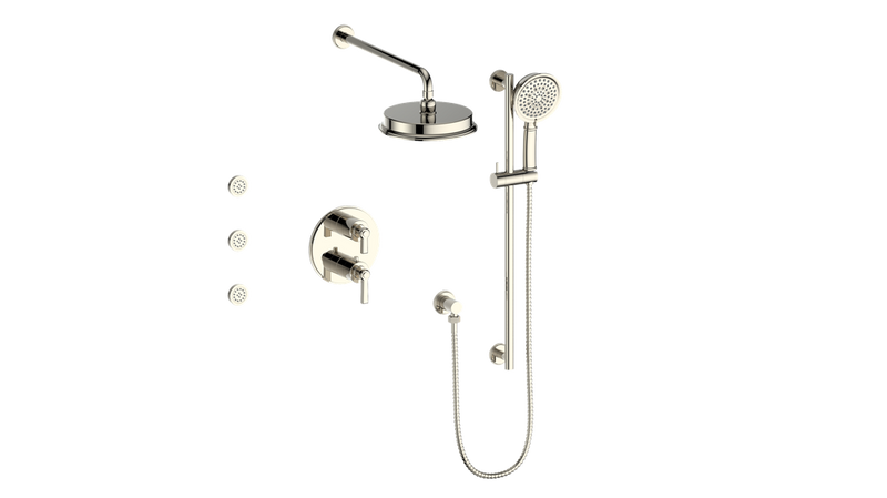 Vogt Zehn 3-Function Thermostatic Shower System with 8" Rain Head, Hand Shower & Body Jets – Wall-Mount – Polished Nickel – SET.Z1.320.810.PN