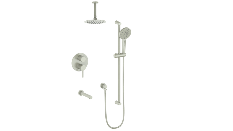 Vogt Worgl 3-Function Pressure-Balanced Tub & Shower System with 8" Rain Head, Hand Shower & Tub Spout – Ceiling-Mount – Brushed Nickel – SET.WL.310.316.BN