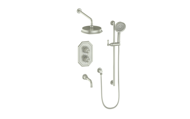 Vogt Carinthia 3-Function Thermostatic Tub & Shower System with 8" Rain Head, Hand Shower & Tub Spout – Wall-Mount – Brushed Nickel – SET.C21.320.310.BN