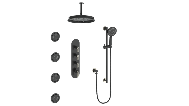 Vogt Zehn 3/4" High-Flow Thermostatic Shower System with 12" Rain Head, Hand Shower & Body Jets – Ceiling-Mount – Matte Black – SET.Z1.350.936.MB