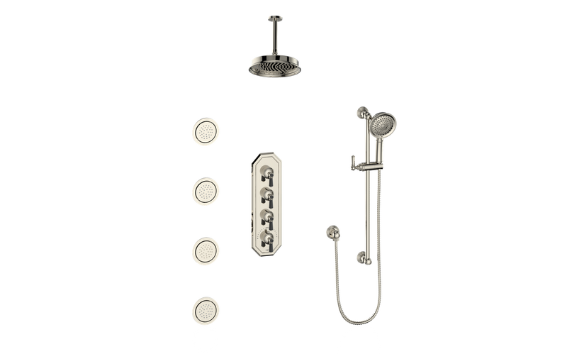 Vogt Carinthia 3/4" High-Flow Thermostatic Shower System with 12" Rain Head, Hand Shower & Body Jets – Ceiling-Mount – Octagonal Handle – Polished Nickel / Matte Black – SET.C2.350.936.PB