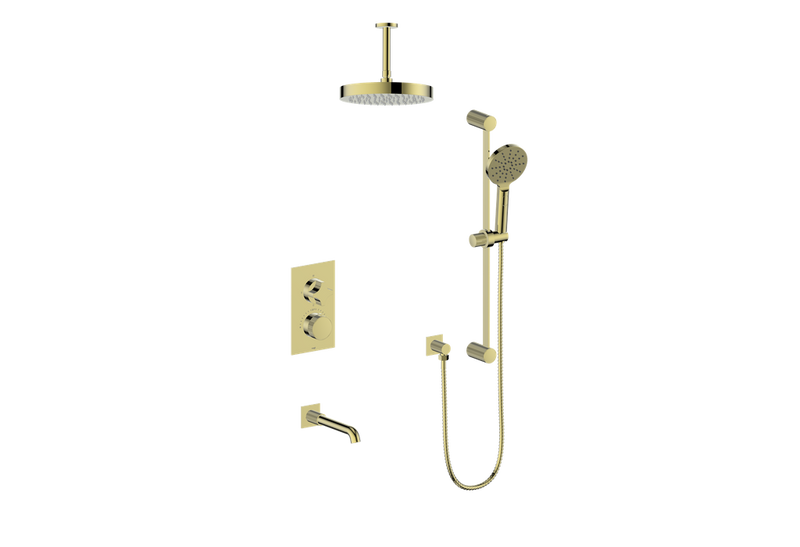 Vogt Mond 3-Function Thermostatic Tub & Shower System with 10" Rain Head, Hand Shower & Tub Spout – Ceiling-Mount – Brushed Gold – SET.M2.320.316.BG