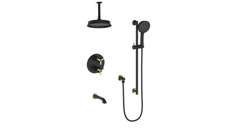 Vogt Zehn 3-Function Thermostatic Tub & Shower System with 8" Rain Head, Hand Shower & Tub Spout – Ceiling-Mount – Matte Black / Brushed Gold – SET.Z3.320.316.BGB