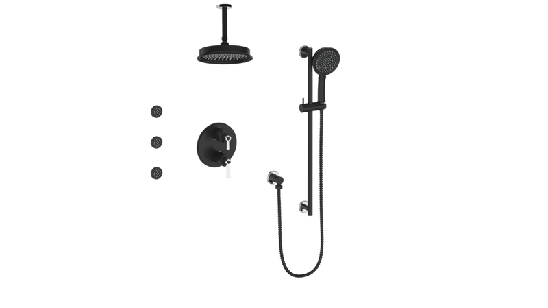Vogt Zehn 3-Function Thermostatic Shower System with 8" Rain Head, Hand Shower & Body Jets – Ceiling-Mount – Matte Black / Chrome – SET.Z1.320.816.CB