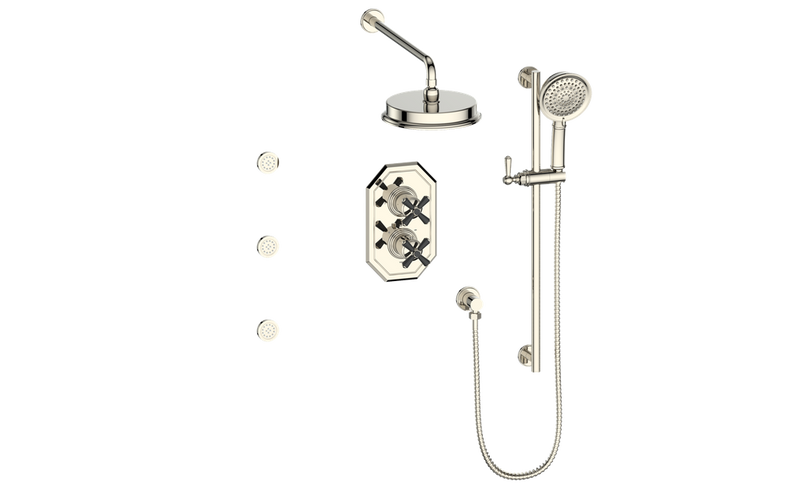 Vogt Carinthia 3-Function Thermostatic Shower System with 8" Rain Head, Hand Shower & Body Jets – Wall-Mount – Cross Handle – Polished Nickel / Matte Black – SET.C3.320.810.PB
