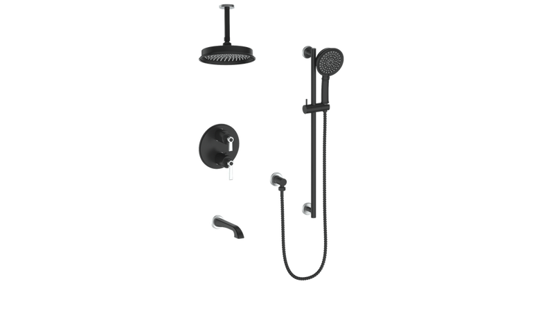 Vogt Zehn 3-Function Thermostatic Tub & Shower System with 8" Rain Head, Hand Shower & Tub Spout – Ceiling-Mount – Matte Black / Stainless Steel – SET.Z1.320.316.SB