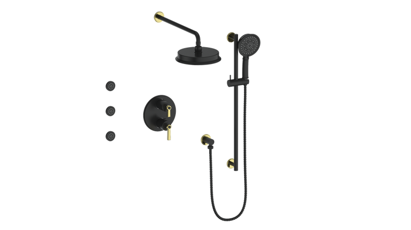 Vogt Zehn 3-Function Thermostatic Shower System with 8" Rain Head, Hand Shower & Body Jets – Wall-Mount – Matte Black / Brushed Gold – SET.Z1.320.810.BGB