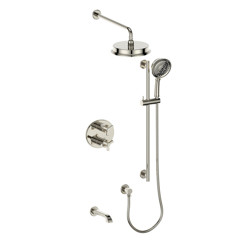 Vogt Zehn 3-Function Thermostatic Tub & Shower System with 8" Rain Head, Hand Shower & Tub Spout – Wall-Mount – Polished Nickel – SET.Z3.320.310.PN