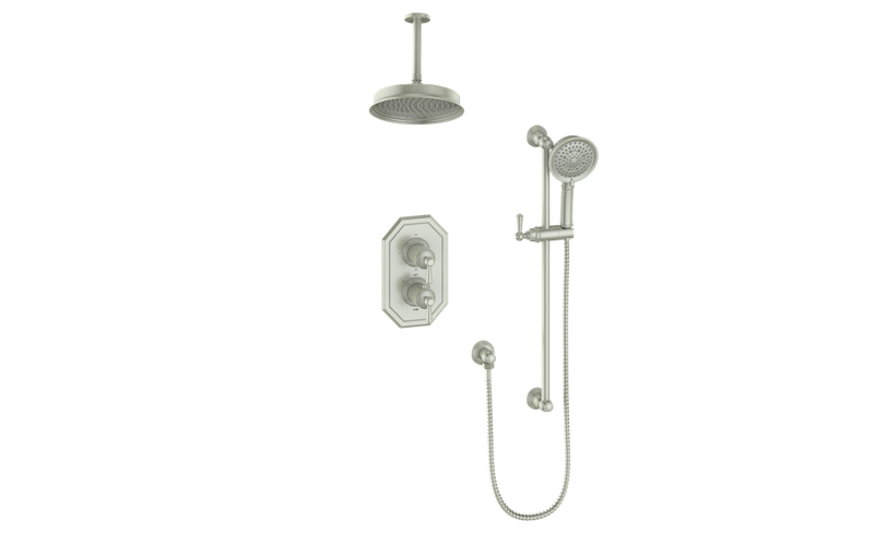 Vogt Carinthia 2-Function Thermostatic Shower System with 8" Rain Head & Hand Shower – Ceiling-Mount – Lever Handle – Brushed Nickel – SET.C1.220.216.BN